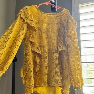 Yellow Anthropologie size 2 top eyelet lace lined front unlined sleeves